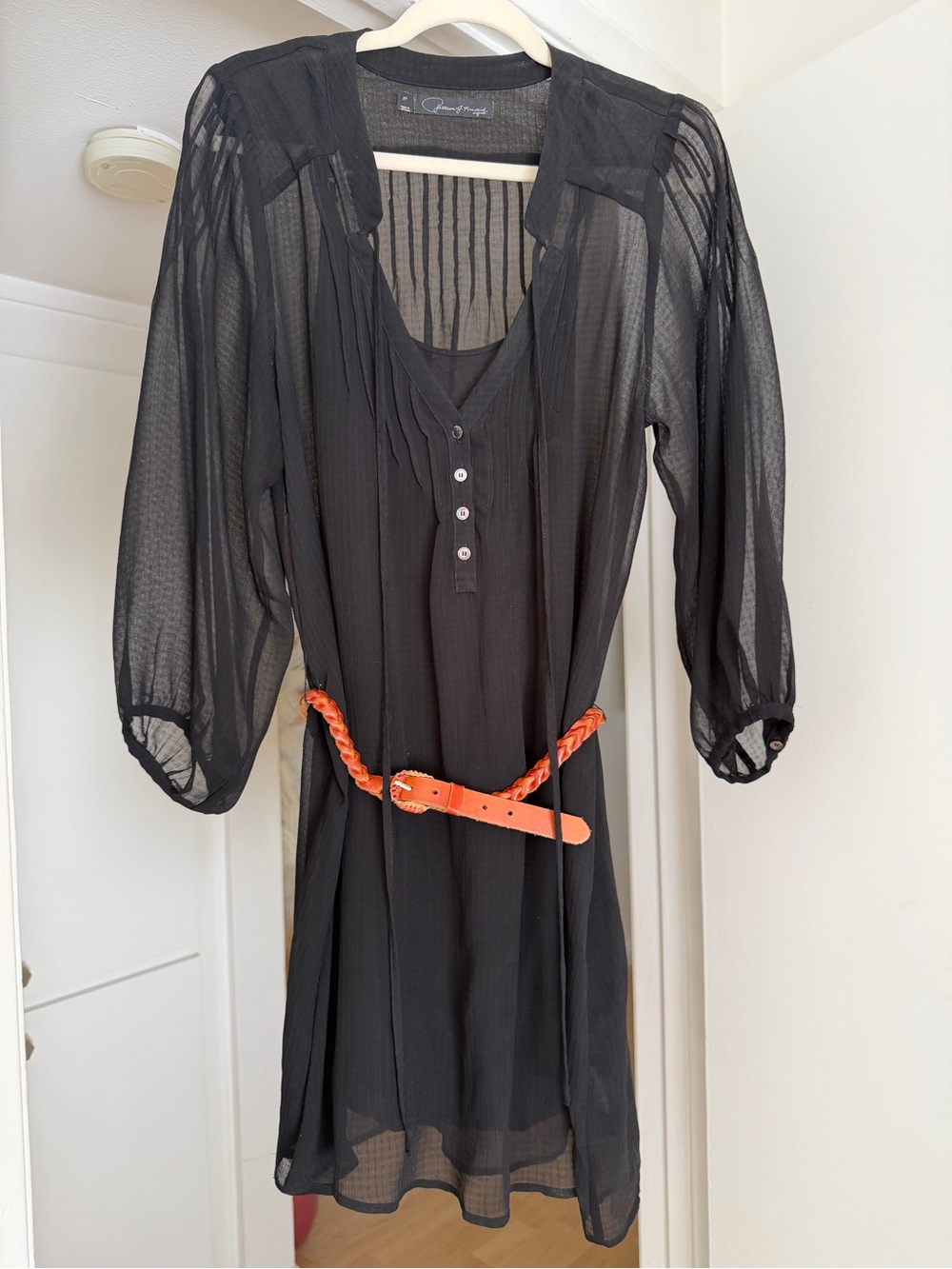 Patterson J. Kincaid Sheer Black Mini Dress with Rust Braided Belt